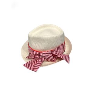 panama en paille customisé avec un gros gain en coton rayé rouge et blanc