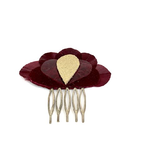 pince en plumes de coq bordeaux et cuir