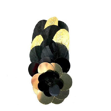 pince en plumes de coq noires et or, sequins et perles de verre