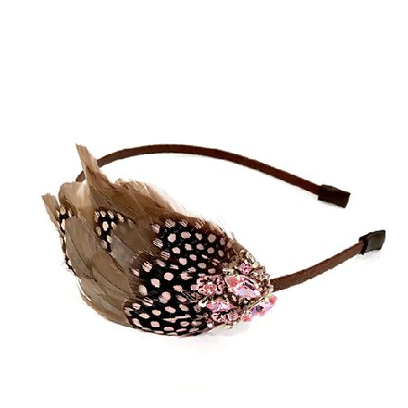 serre-tête en plumes de queue de coq marron, paillettes et strass