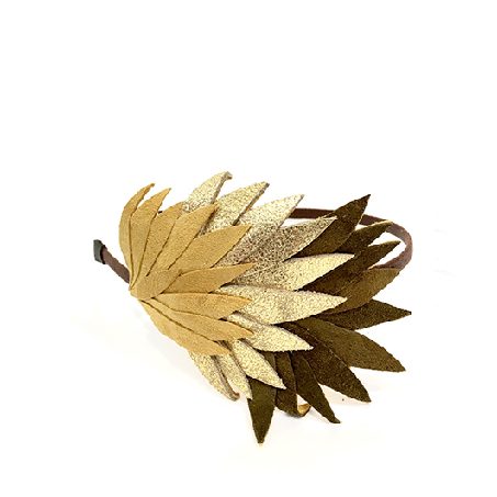 serre-tête en pièce de cuir marron, moutarde et doré.