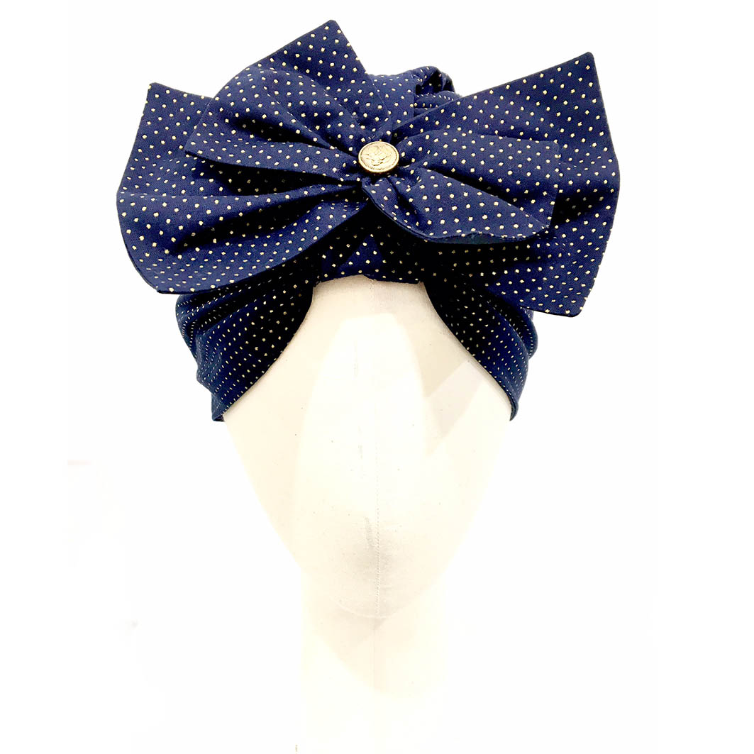 turban entier en coton bleu foncé à pois doré