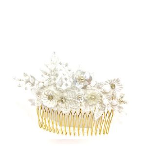 peigne doré en dentelle ivoire, perles de verre et strass swarovski