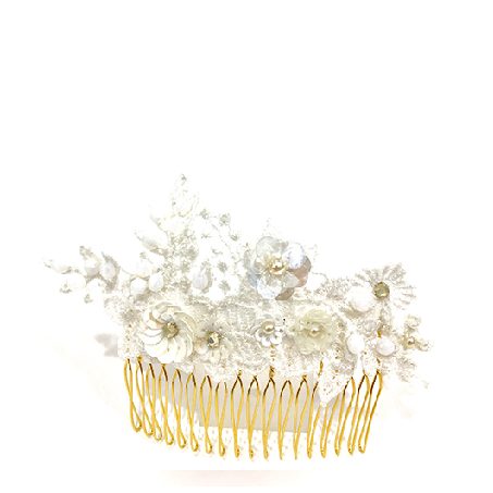 peigne doré en dentelle ivoire, perles de verre et strass swarovski