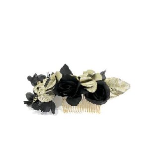 peigne avec fleurs en soie noires et dorées