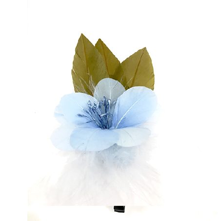 serre-tête en plumes d’oie bleu ciel et verte, duvet bleu et pistil