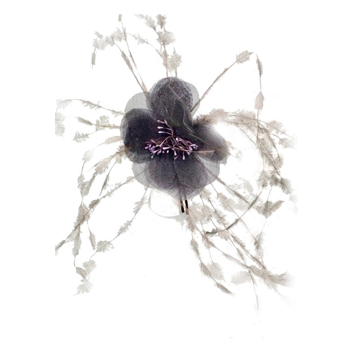 pic à cheveux fleurs grises, plumes d’autruches brulées