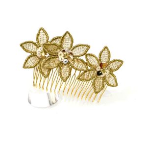 peigne en fleurs dorées, paillettes et strass