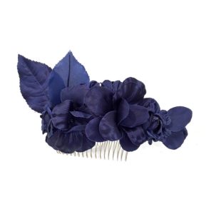 peigne branche fleurs et feuilles satin marine