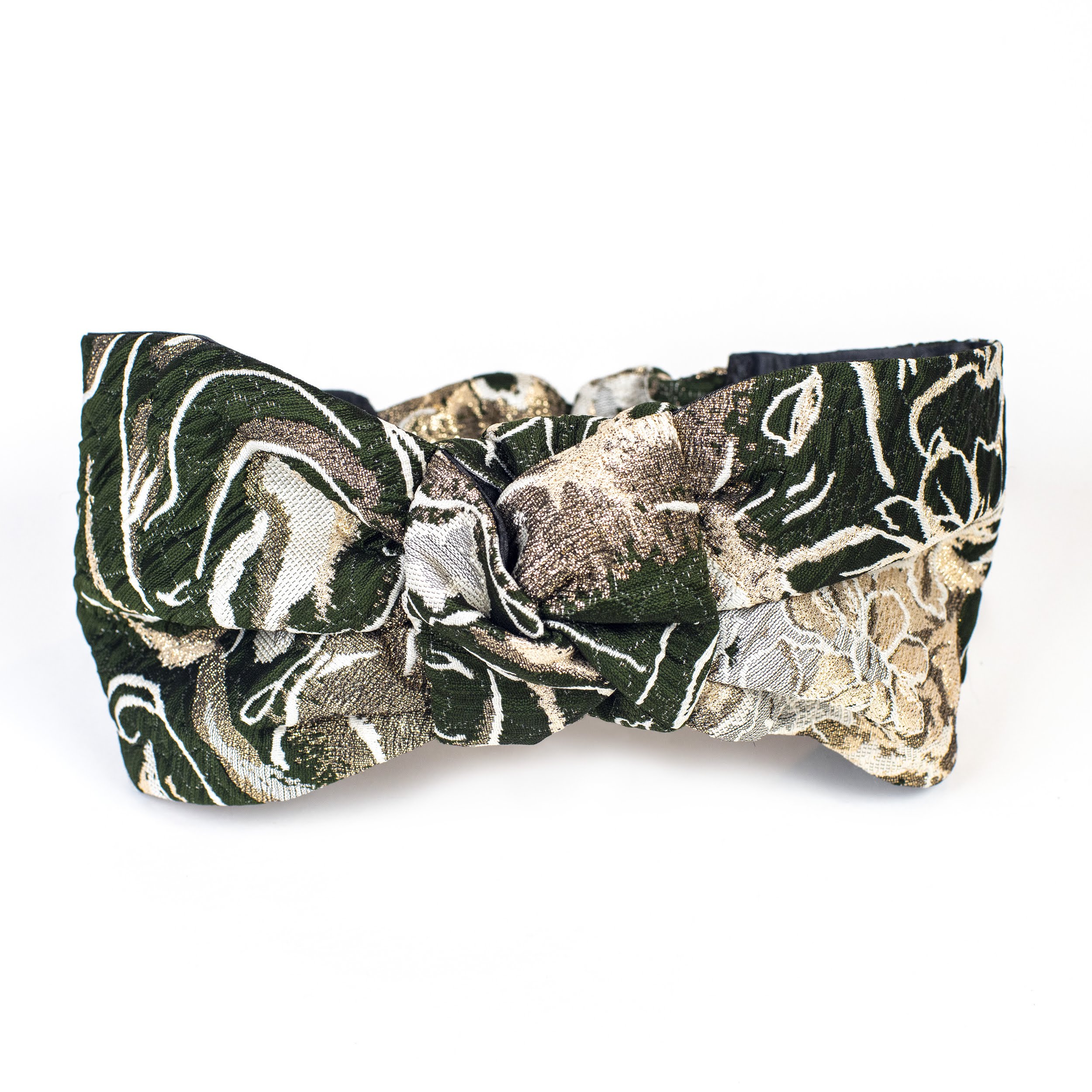 turban noeud en tissu broché coloris kaki et or – Image 2