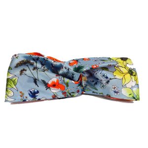 turban tissu satin polyester doublure coton bleu fleuri