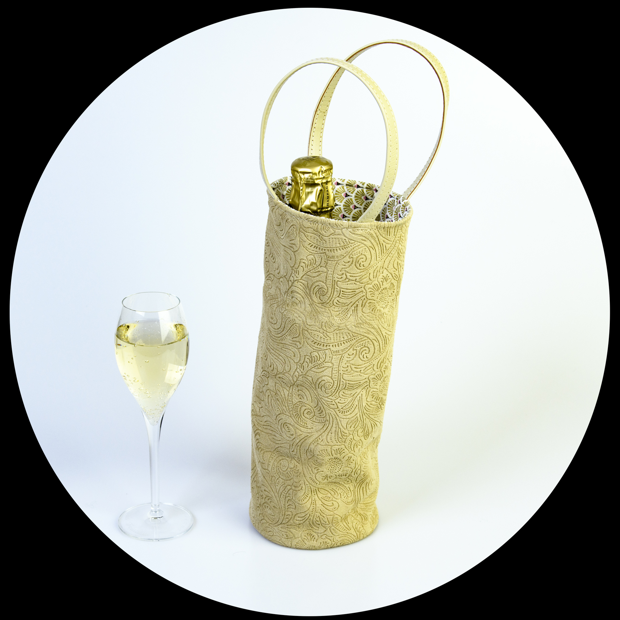 sac a bouteille coton du japon fleur rose or cuir or – Image 2