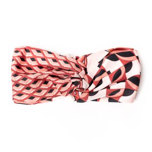 turban à motif bordeaux, noir, blanc et saumon