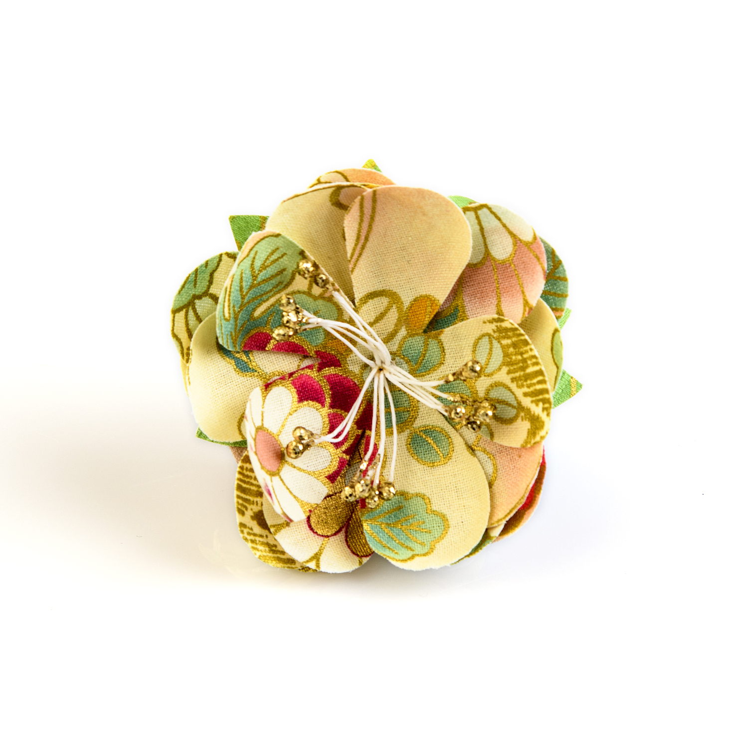 pince broche en coton du japon crème à fleurs vertes et or