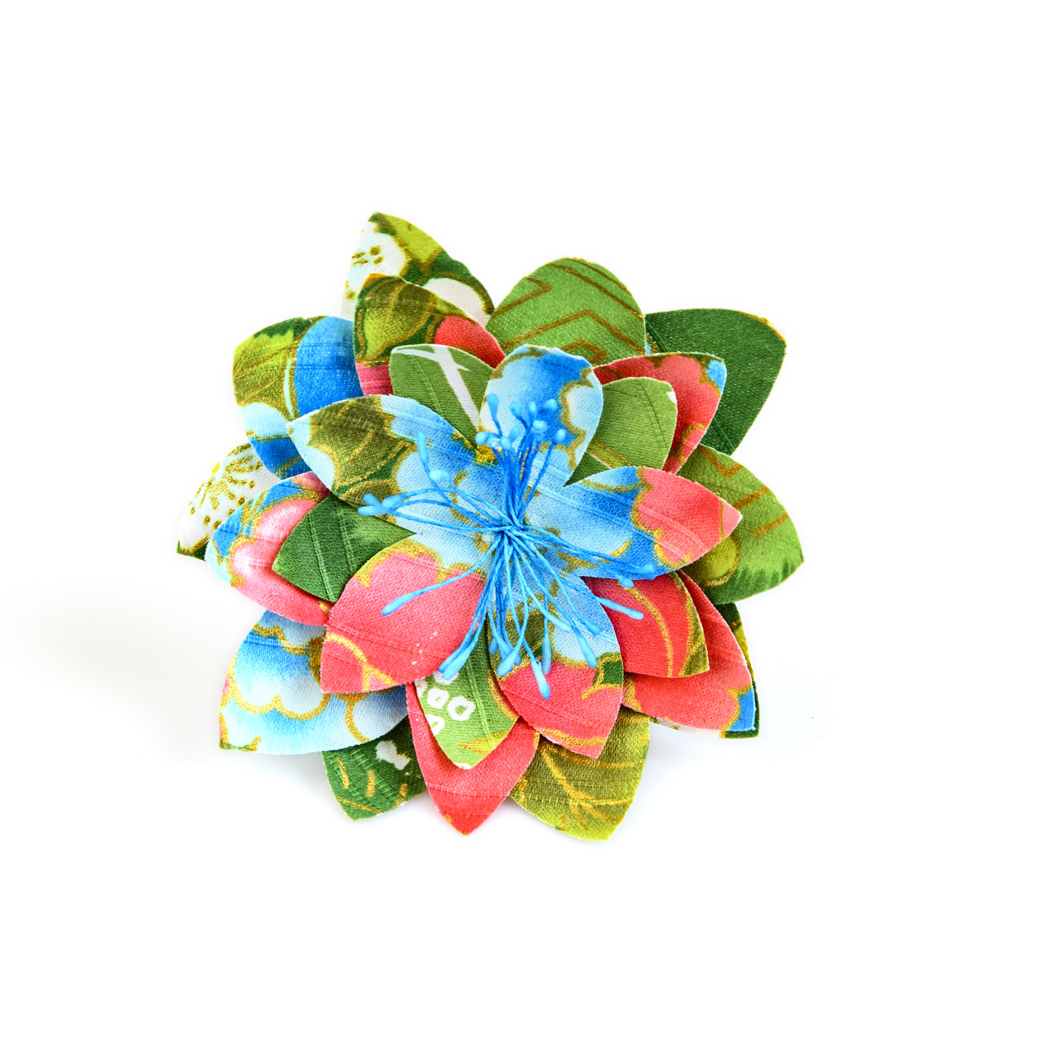 pince broche en coton du japon verte à fleurs bleues