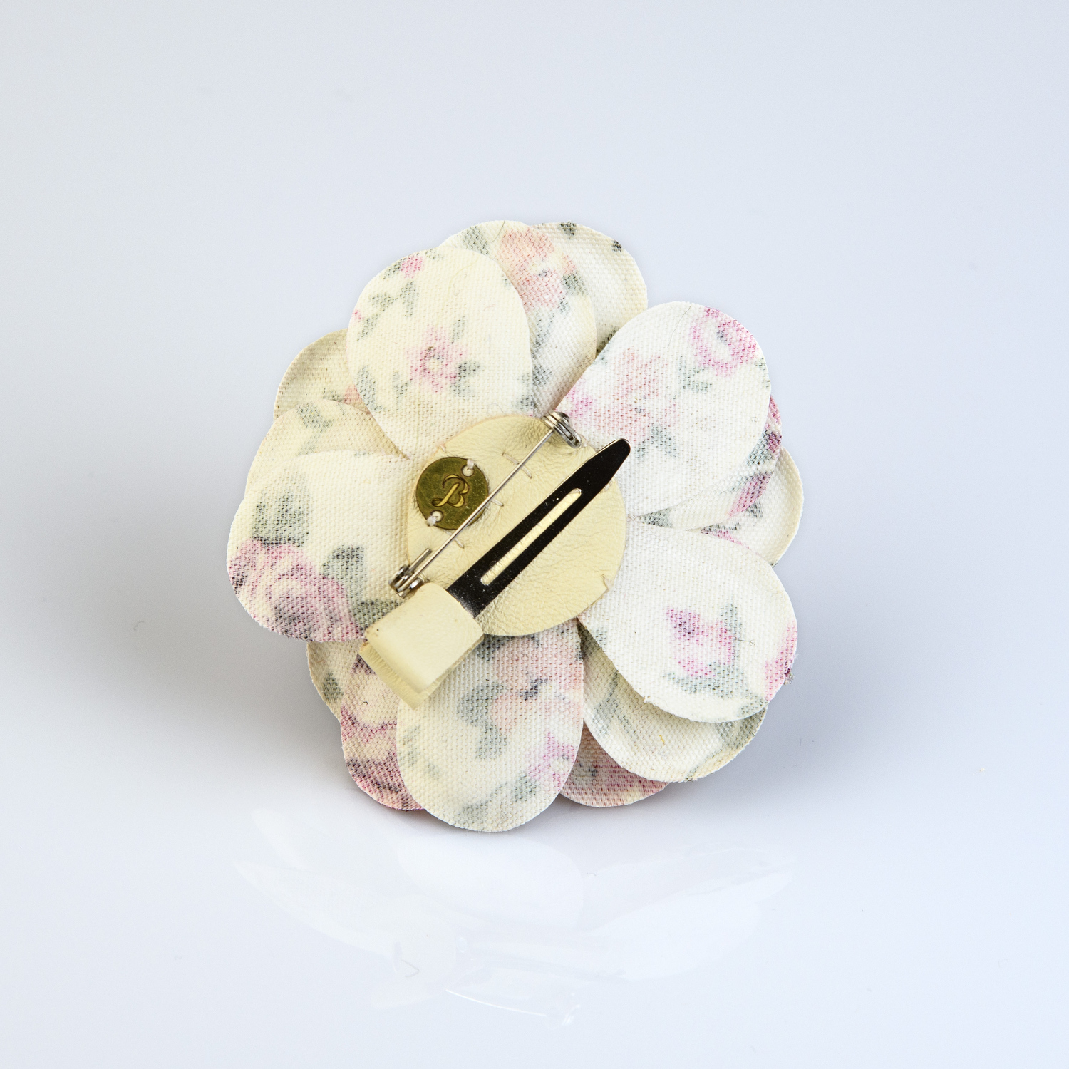 pince broche en coton du japon crème à fleurs vertes et or – Image 2