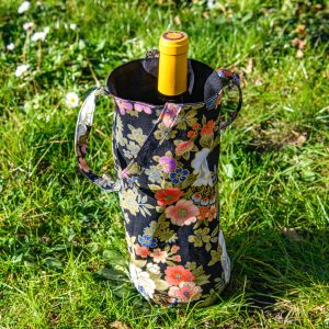 sac à bouteille en coton du Japon noir à fleurs