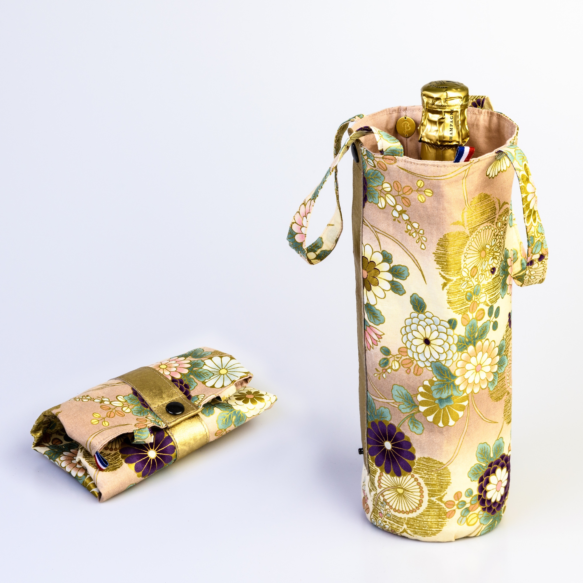 sac a bouteille coton du japon fleur rose or cuir or