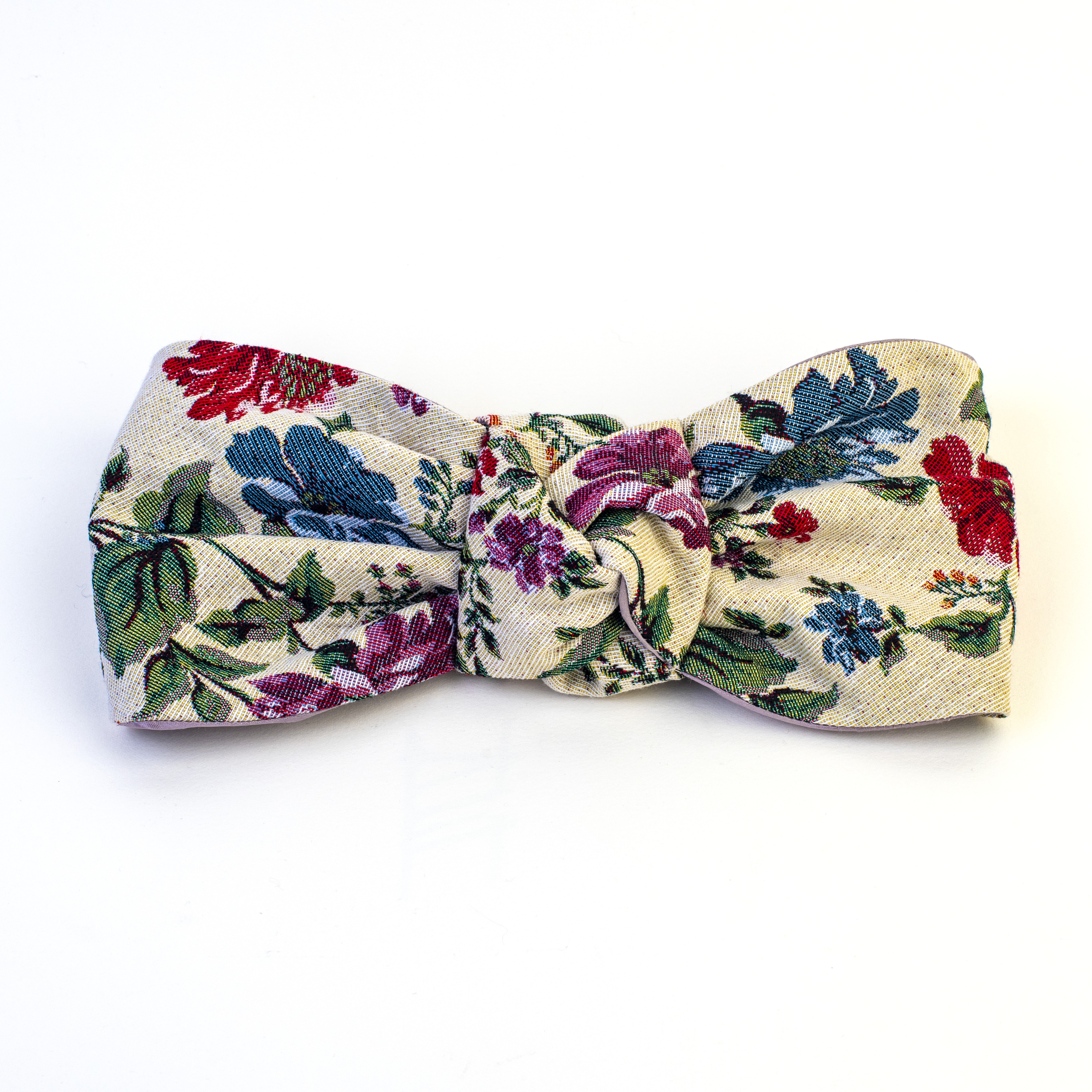 turban tapisserie fleuri ivoire mauve rouge bleu